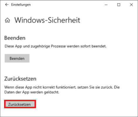 Zurücksetzen der Windows-Sicherheits-App