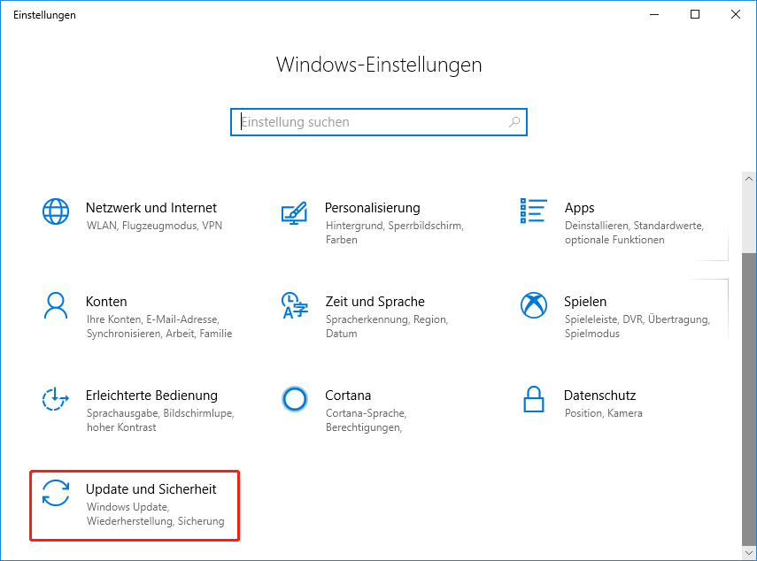 Wählen Sie die Option Update & Sicherheit