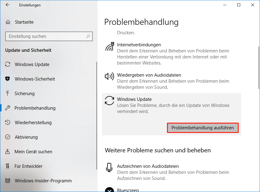 Klicken Sie auf die Schaltfläche Problembehandlung ausführen