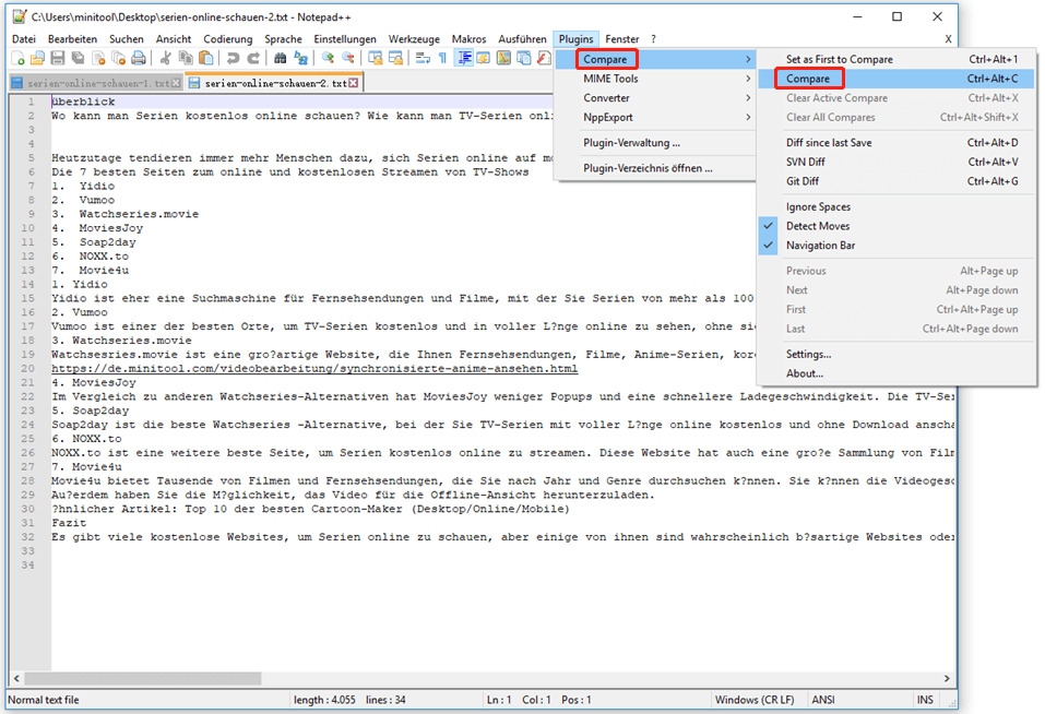 Wie kann man mit Notepad++ zwei Dateien einfach vergleichen