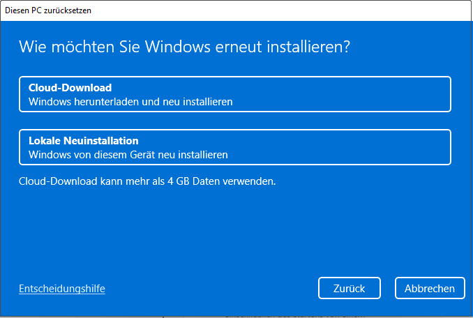 Wählen Sie den Weg zur Neuinstallation von Windows