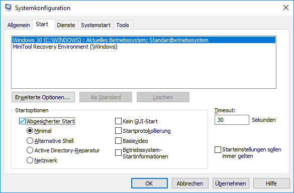 Rufen Sie den abgesicherten Modus von Windows 10 über die Systemkonfiguration auf