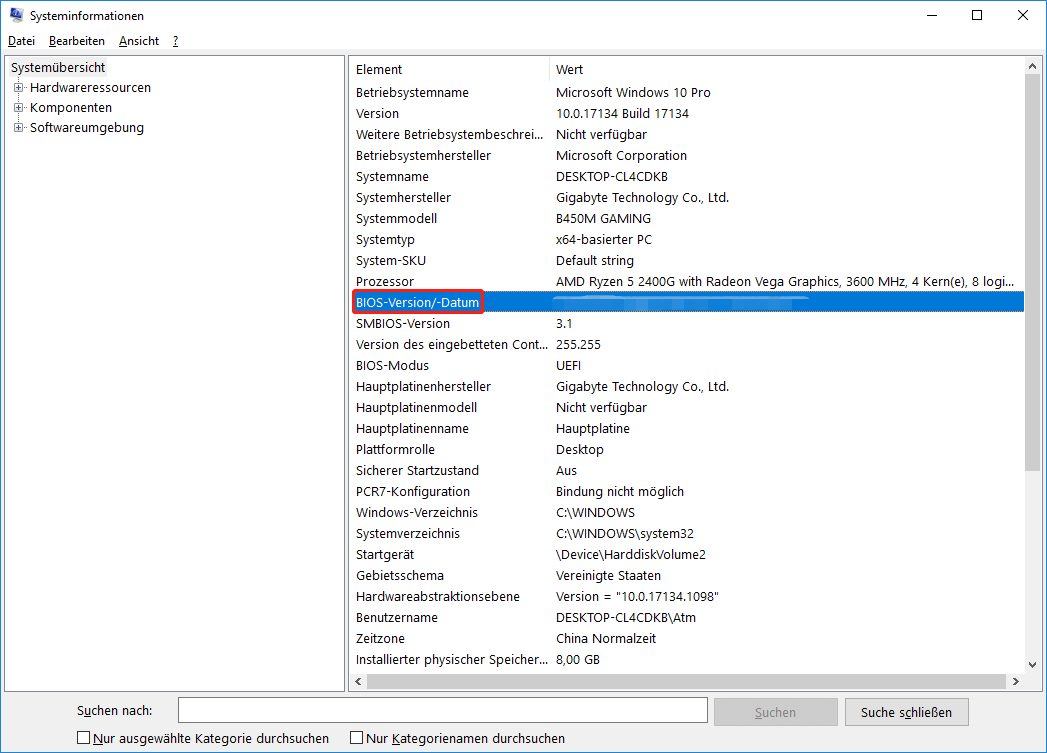 Überprüfen Sie die BIOS-Version im Systeminformationsfenster