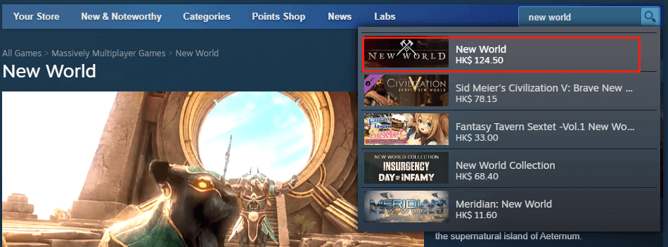 Suche nach New World im Steam Store