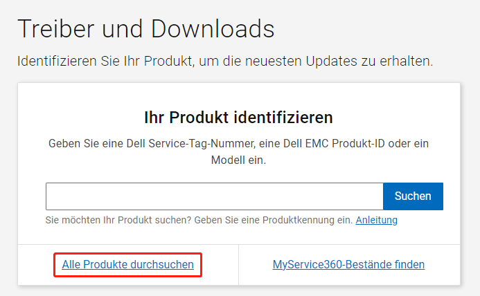 Klicken Sie auf Alle Produkte durchsuchen auf Dell Support