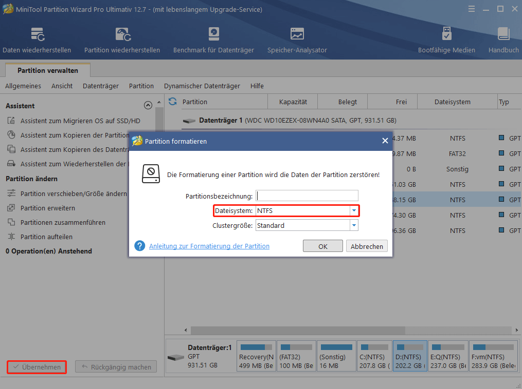 Format ext4 bis ntfs mithilfe von MiniTool-Software