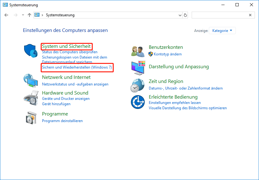 Klicken Sie auf Backup und restaurieren Sie (Windows 7)