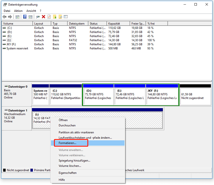 Wählen Sie Formatieren in der Datenträgerverwaltung