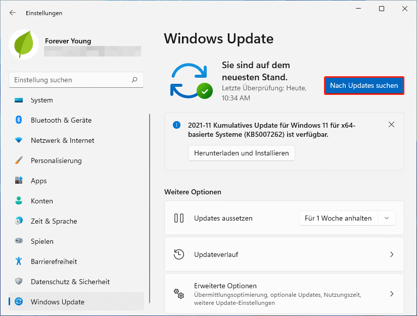 Klicken Sie auf Nach Updates suchen unter Windows 11