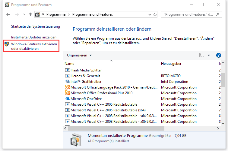 Windows-Features aktivieren oder deaktivieren