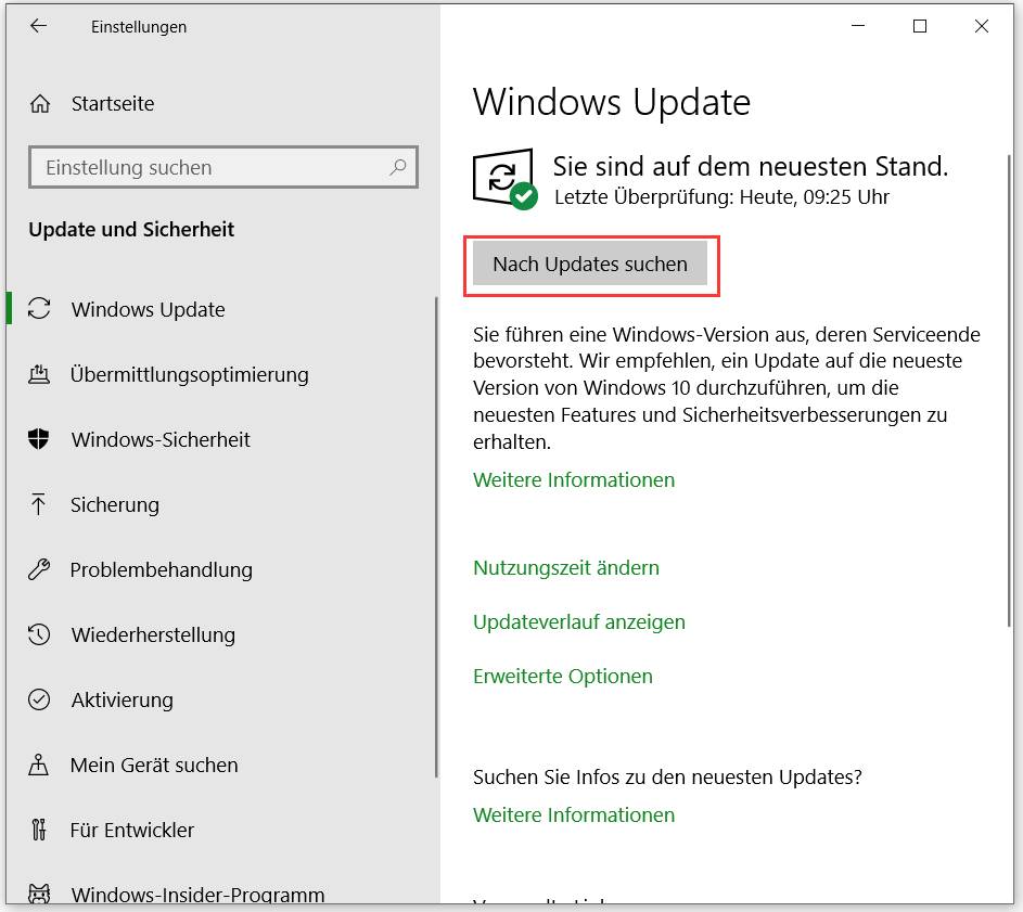 Windows 10 Schaltfläche „Nach Updates suchen“