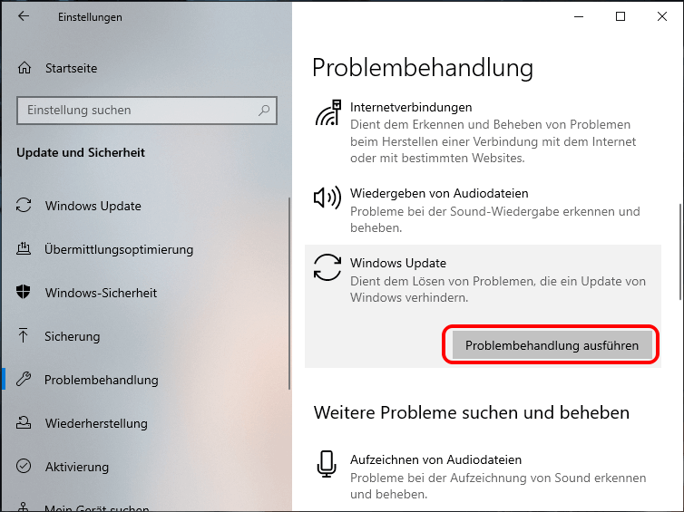 Klicken Sie unter Windows Update Problembehandlung ausführen