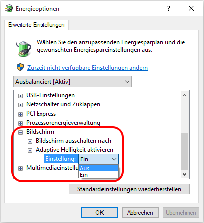 Windows 10 Adaptive Helligkeit deaktivieren