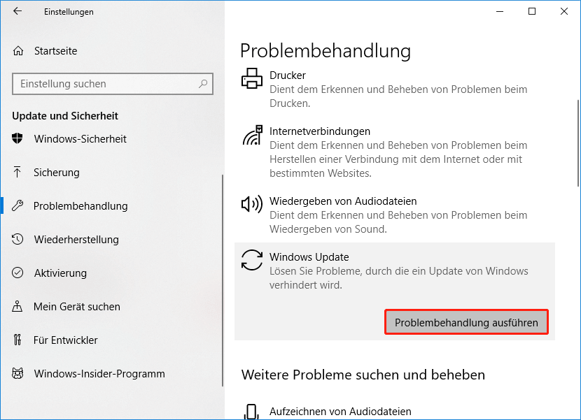 Führen Sie die Problembehandlung für Windows Update aus