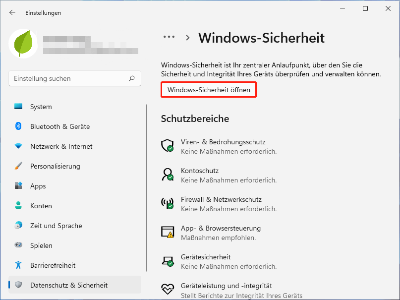 Klicken Sie auf die Schaltfläche Windows-Sicherheit öffnen
