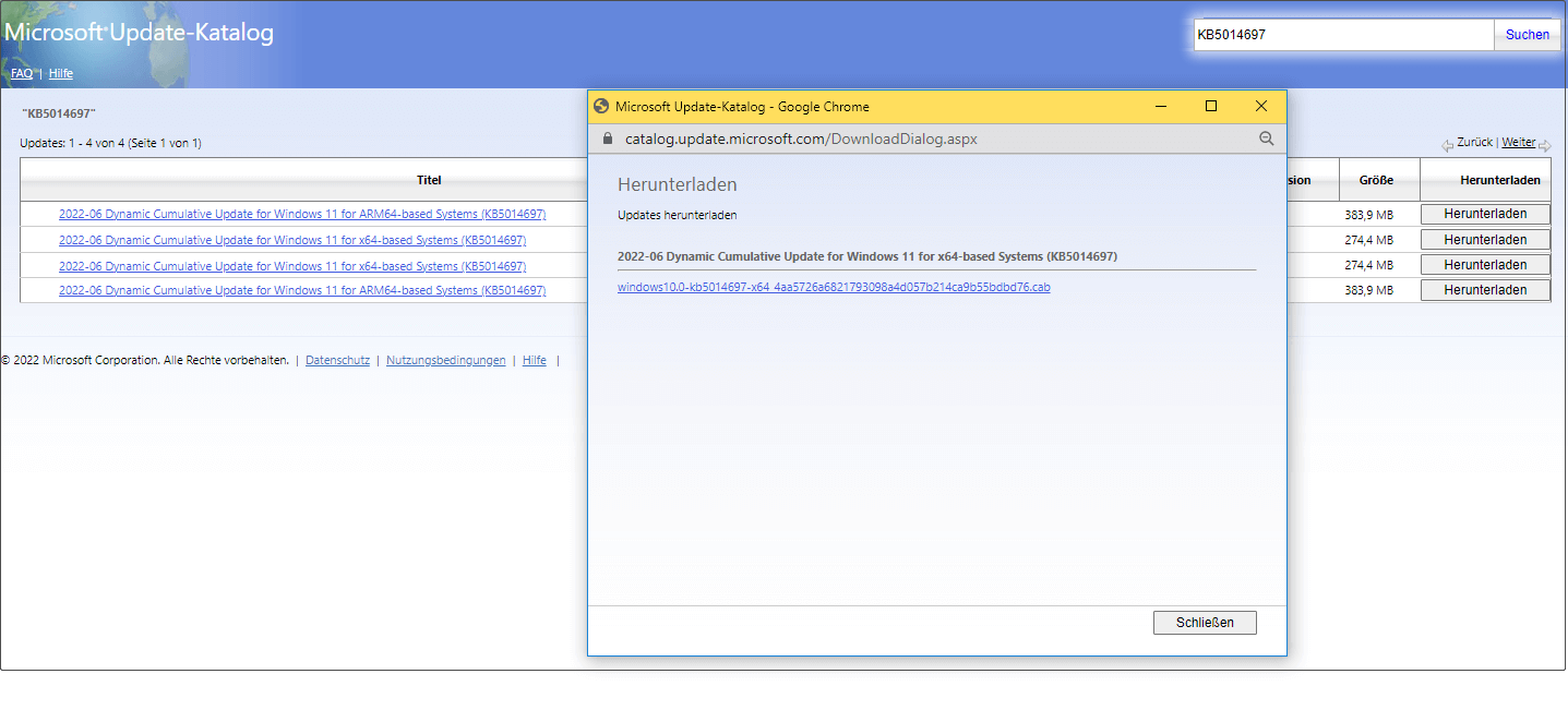 Offline-Installationsprogramme für Windows 11 KB5014697 im Microsoft Update-Katalog