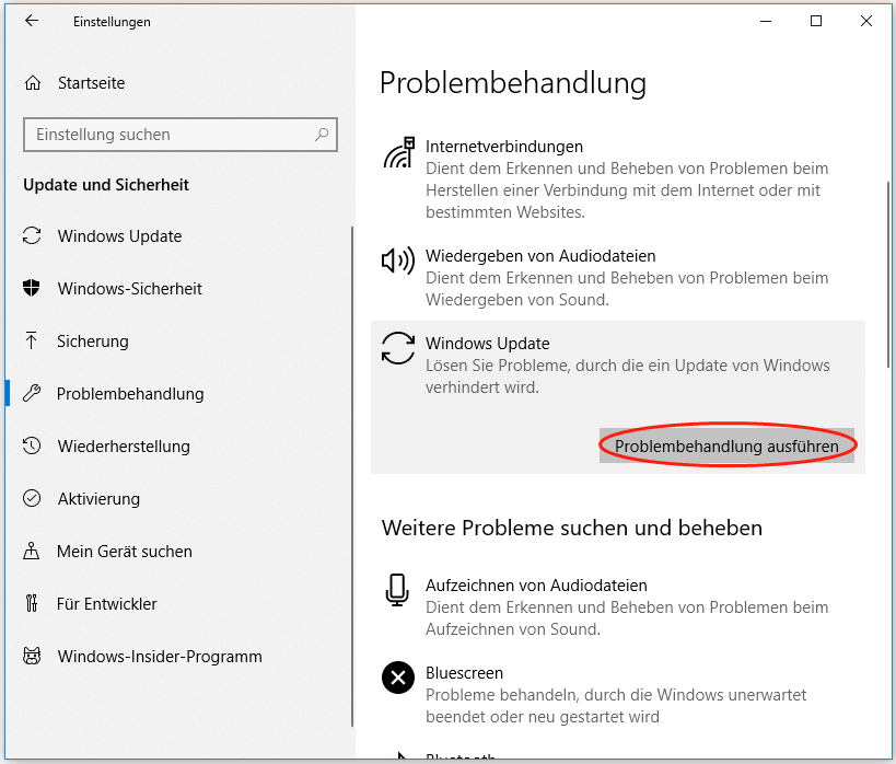 Ausführen der Windows Update-Problembehandlung unter Windows 10