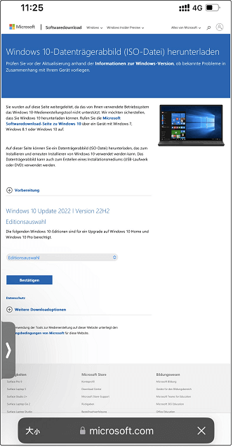 Die Windows 10 ISO-Download-Seite auf einem Android-Telefon